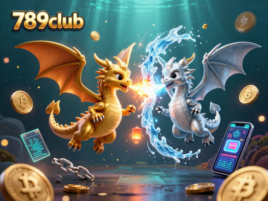 Experience thrilling games at 789club with dynamic visuals of dragons and cryptocurrency elements.