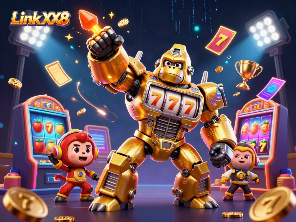 Engage with Link XX8's unique golden gorilla mech jackpot scene combining slot machine elements and dynamic casino action.