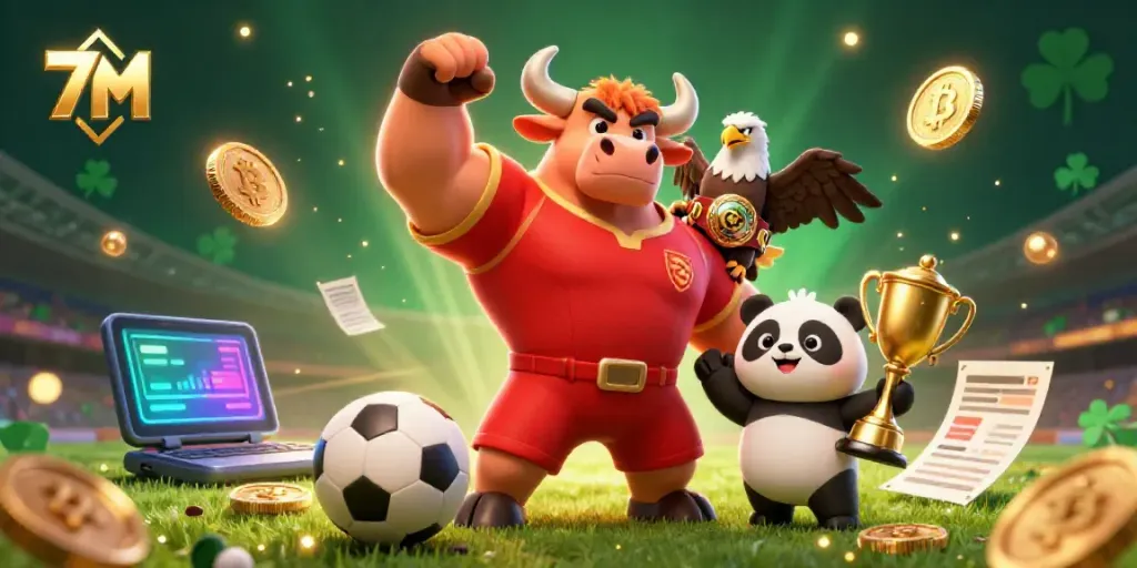 Bet on sports with the 7M victory-themed illustration showing a bull mascot, eagle, and panda.