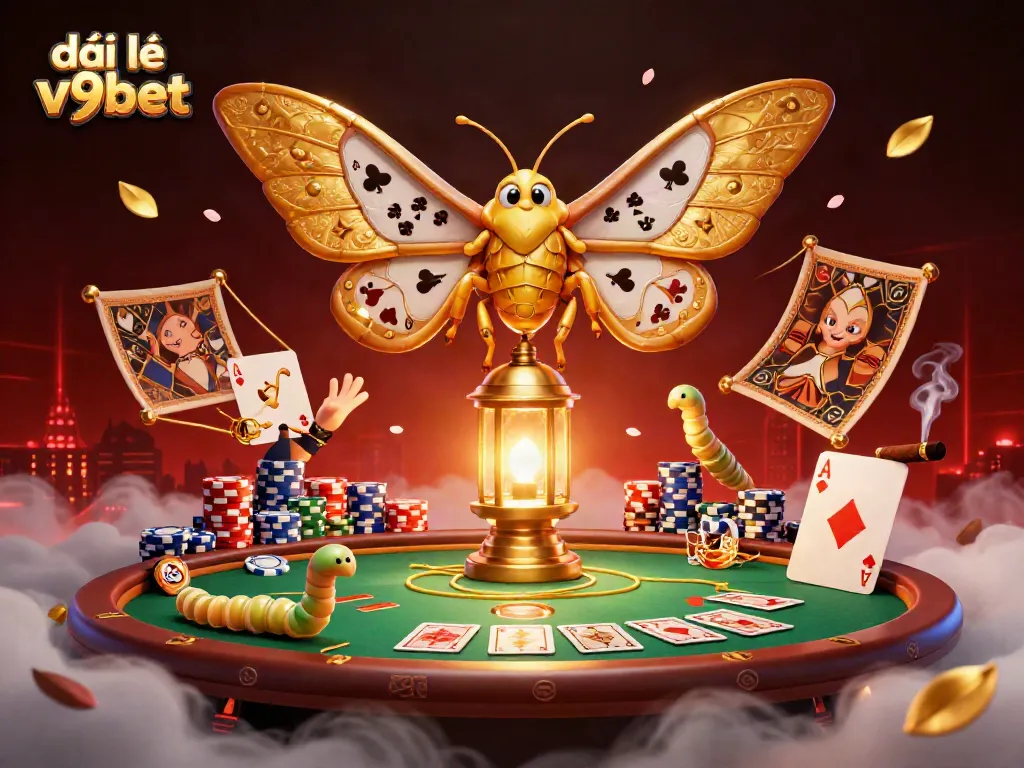 Engage with đại lý v9bet as a colorful 3D illustration portraying vibrant casino elements and captivating moth characters.
