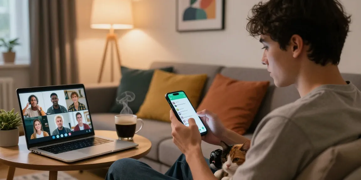 Casual home scene showcasing WhatsApp下載 app in use on smartphone, warm cozy atmosphere.