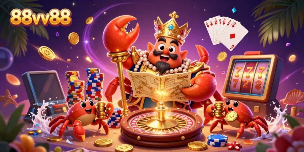 88vv88 showcases an emperor crab amidst casino elements, emphasizing a vibrant gaming scene.