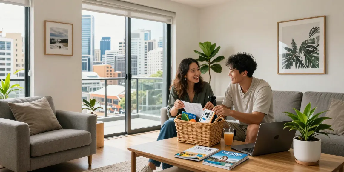 Couple enjoying a stylish Airbnb managed by Houst Sydney, discussing local plans in a bright and inviting living room.