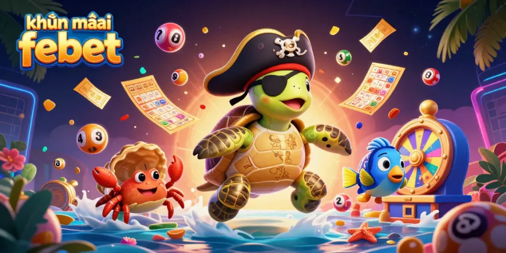 Engaging illustration featuring khuyến mãi febet with a pirate turtle, golden crab, and parrotfish amid a vibrant casino-themed backdrop.