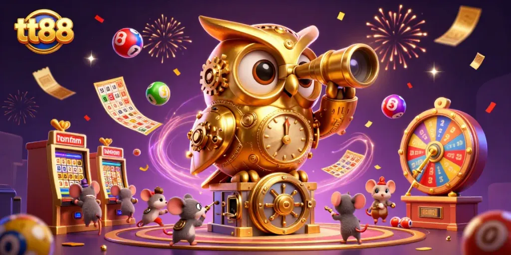 Play thrilling games at tt88 with a cartoon golden owl and joyful gaming elements in vibrant casino scene.