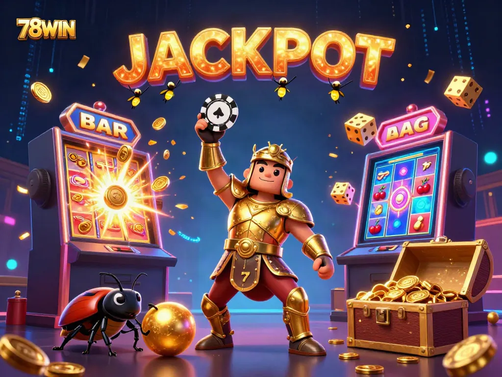 Experience the excitement of 78WIN with a victorious hercules beetle in a vibrant casino scene.