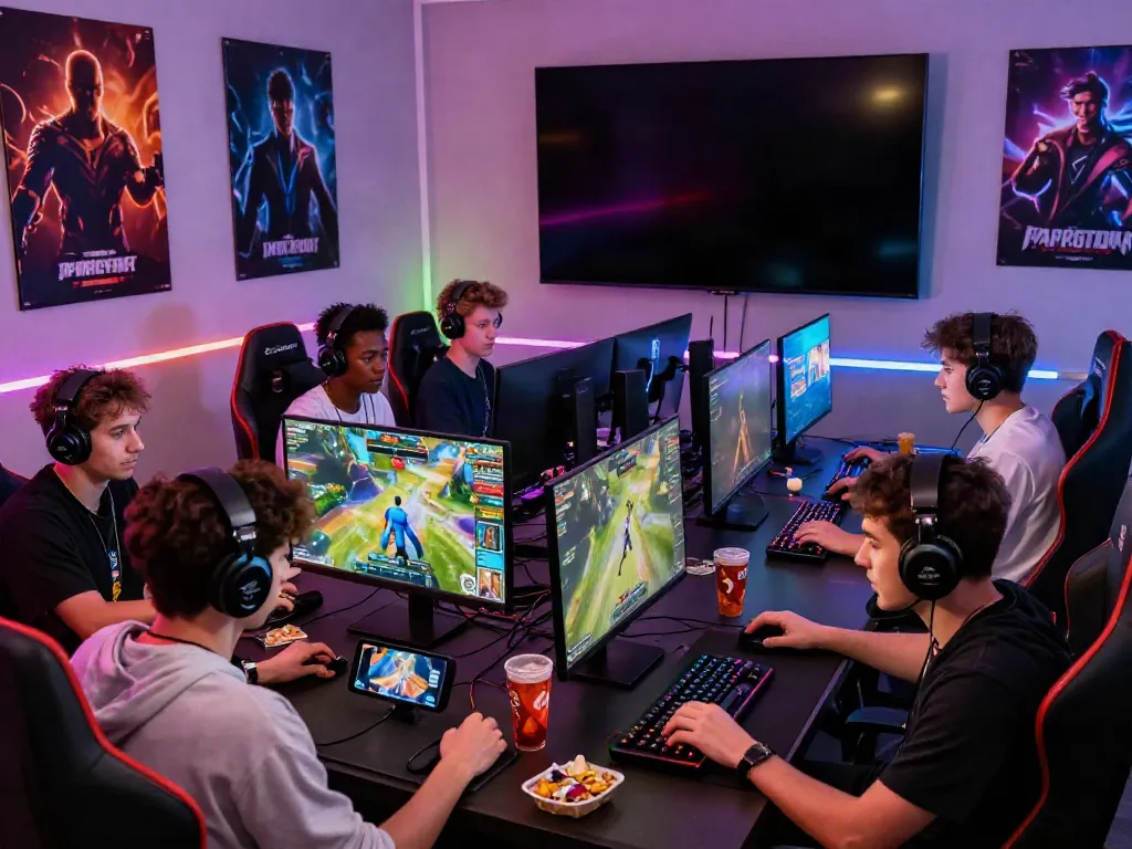 Players engaging on https://gem88.jpn.com/ during an intense online gaming session in a vibrant, LED-lit room.