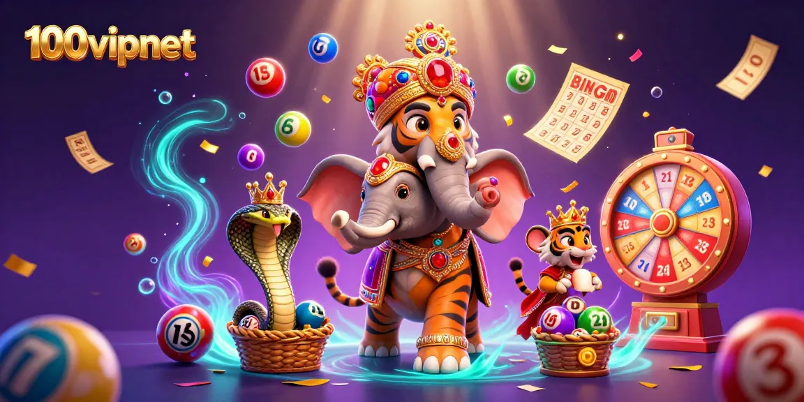 Engage with 100vipnet's vibrant lottery scene featuring a glamorous elephant and colorful elements.