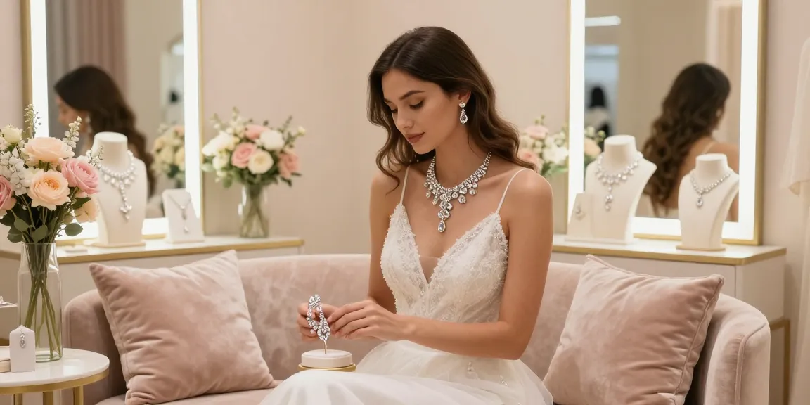 Bridal jewellery set showcased in luxury boutique with model trying on elegant necklace and earrings.