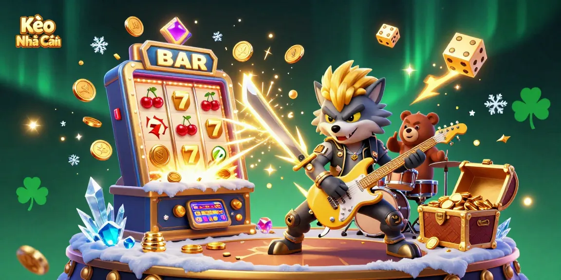 Kèo Nhà Cái transforms with a rock star wolf shredding guitar amidst a vibrant jackpot explosion.