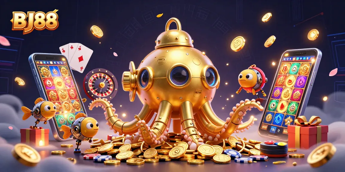 BJ88 captivates players with a stunning kraken submarine and colorful slot game features.