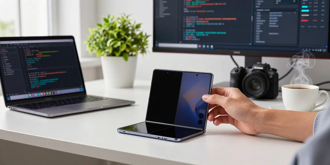 Close-up of a tri-fold phone on a modern desk, showcasing innovative tech in a bright workspace.