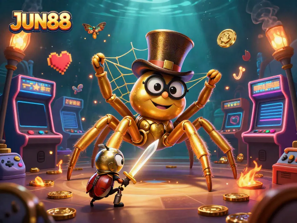 Experience thrilling gameplay at JUN88 with a whimsical scene of a golden tarantula and a beetle knight in a colorful casino setting.