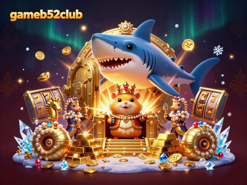 Engage with gameb52club through a vibrant 3D casino scene featuring a golden hamster king with treasures.