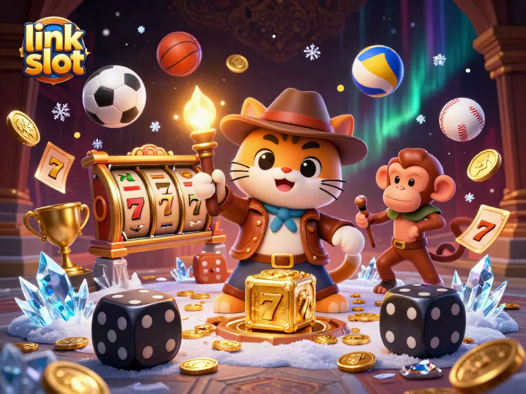 Spin the jackpot reels at link slot, featuring an archaeologist cat and a torch-bearing monkey in an ancient temple.
