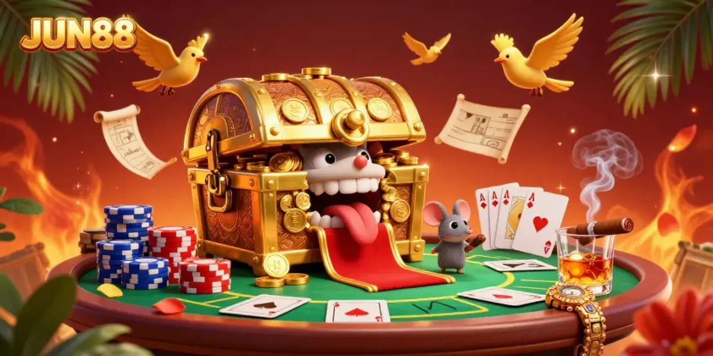 Spin the reels at JUN88 with this vibrant scene of adventure and winning opportunities in a casino.