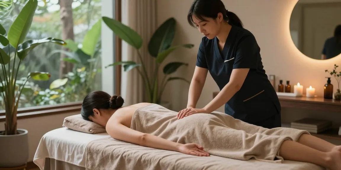 강남출장마사지 being performed in a tranquil home spa with candles and soothing decor.