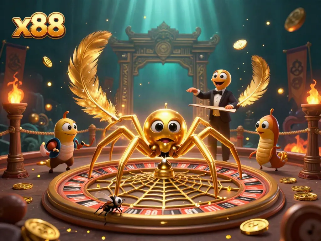 Place bets with the x88 golden spider croupier in a vibrant casino-themed scene.