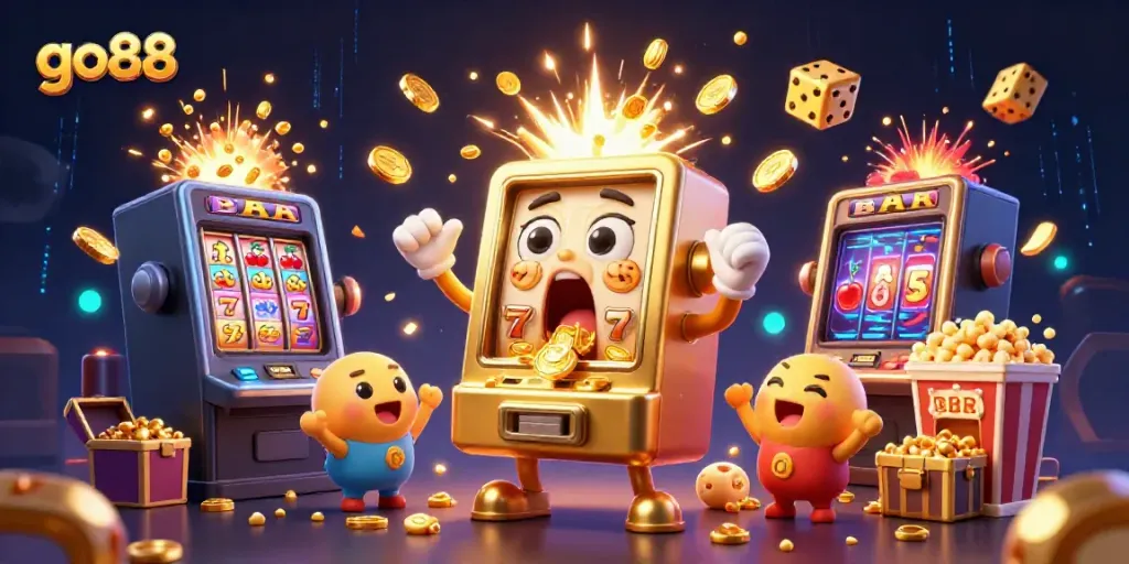 go88 celebrates wins with a lively scene of slot machines, coins, and sparkling casino elements.