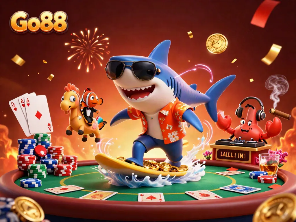 Experience the thrill of Go88 with a shark surfing on gold coins and engaging casino elements.