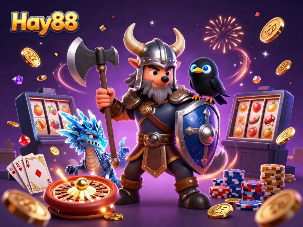 Play exciting slots and win big with Hay88, featuring vibrant characters and casino elements.