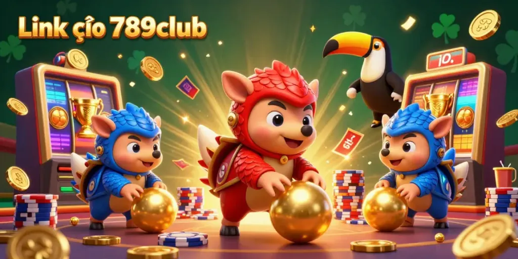Experience dynamic gaming with Link vào 789club, featuring rival pangolins competing among golden casino elements.