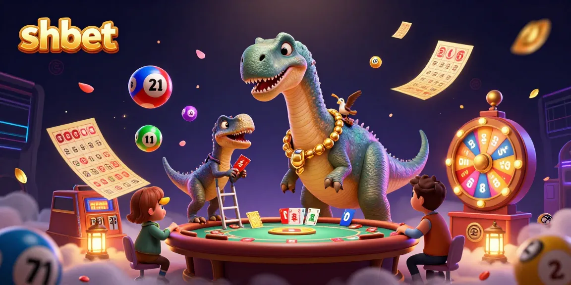 Engage with shbet exciting games as a giant brontosaurus oversees a lively poker scene.