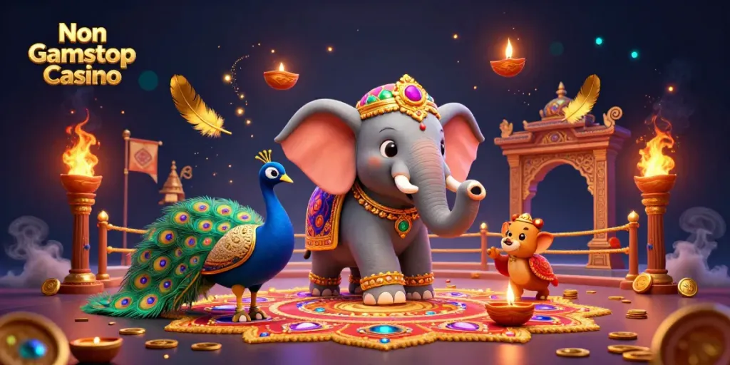 Experience the vibrant scene of a Non Gamstop Casino with unique elements like an elephant, peacock, and dynamic betting features.