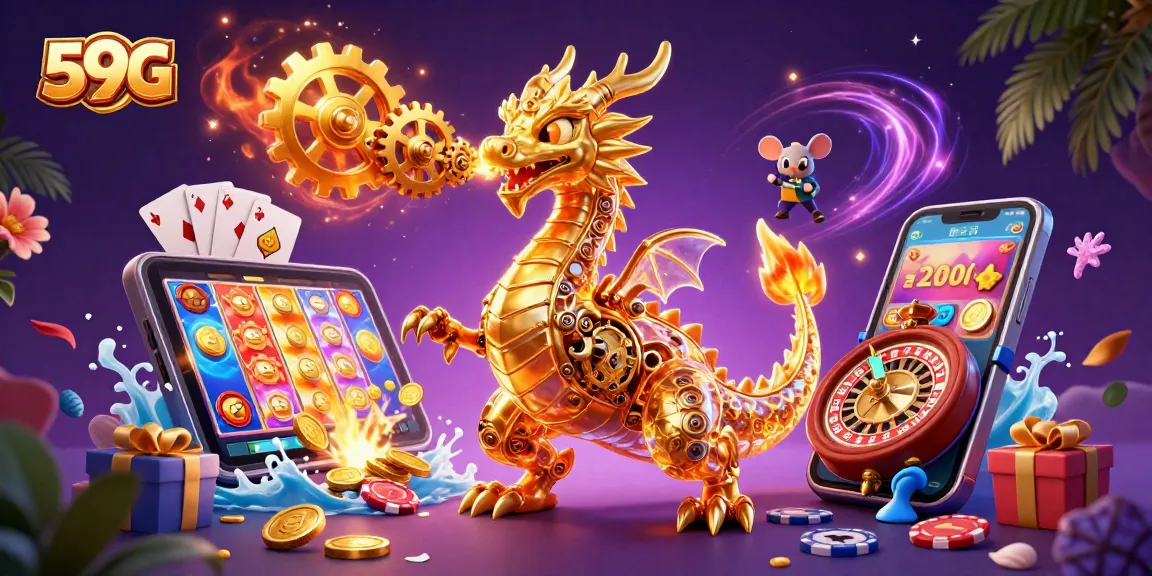 Engage with 59G's vibrant gaming scene featuring a golden biomechanical dragon and rich casino elements.