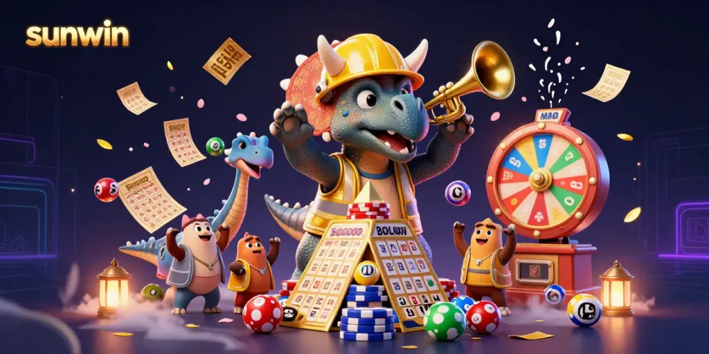 Engaging sunwin gaming scene features a triceratops building poker chip pyramids alongside celebrating dinosaurs, surrounded by vibrant gambling elements.