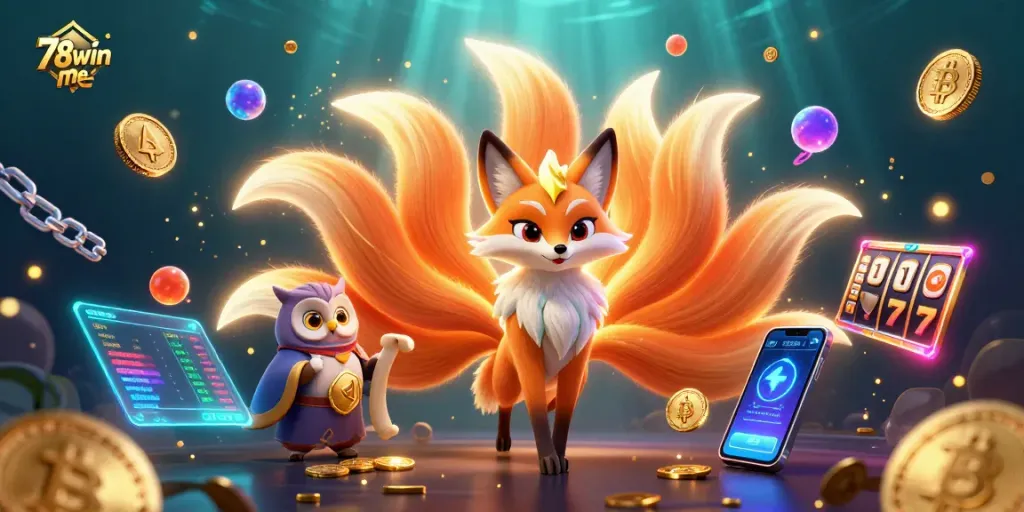 Experience thrilling wins at 78win me with a captivating 3D casino scene featuring magical characters and crypto elements