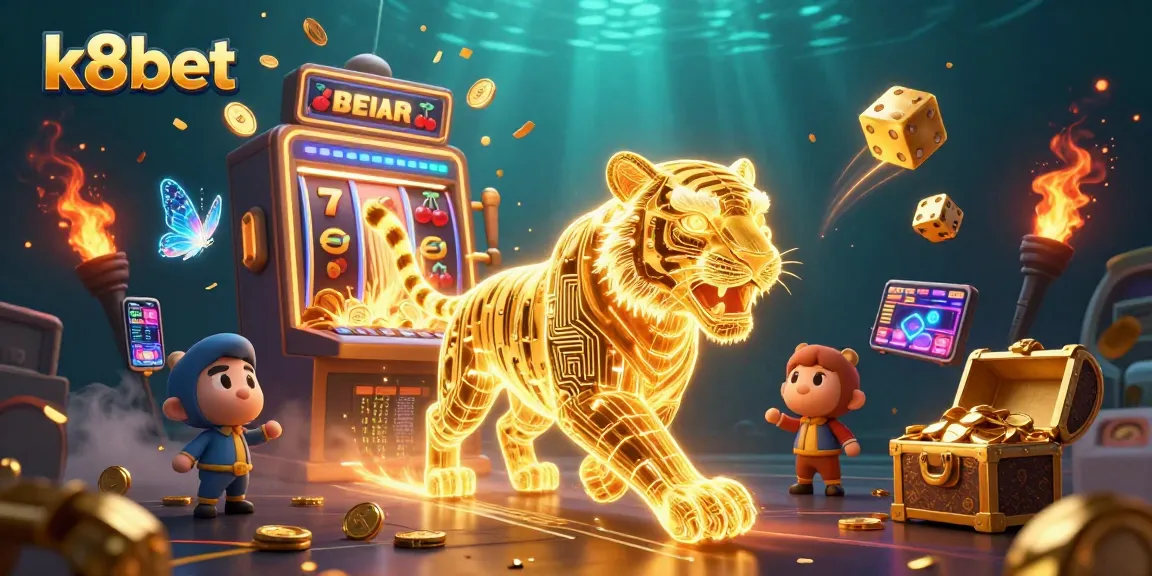 Experience the excitement of k8bet in a vibrant 3D casino scene featuring golden tiger and jackpot symbols.
