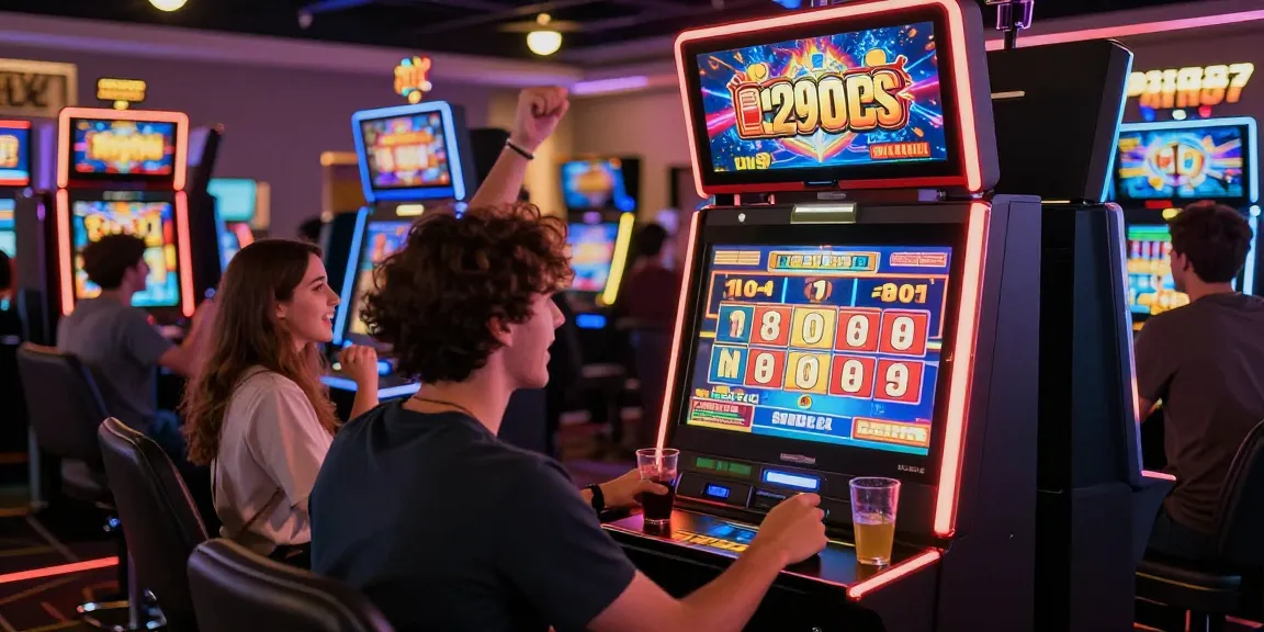 Player winning at a slot machine with friends cheering in a lively casino setting.