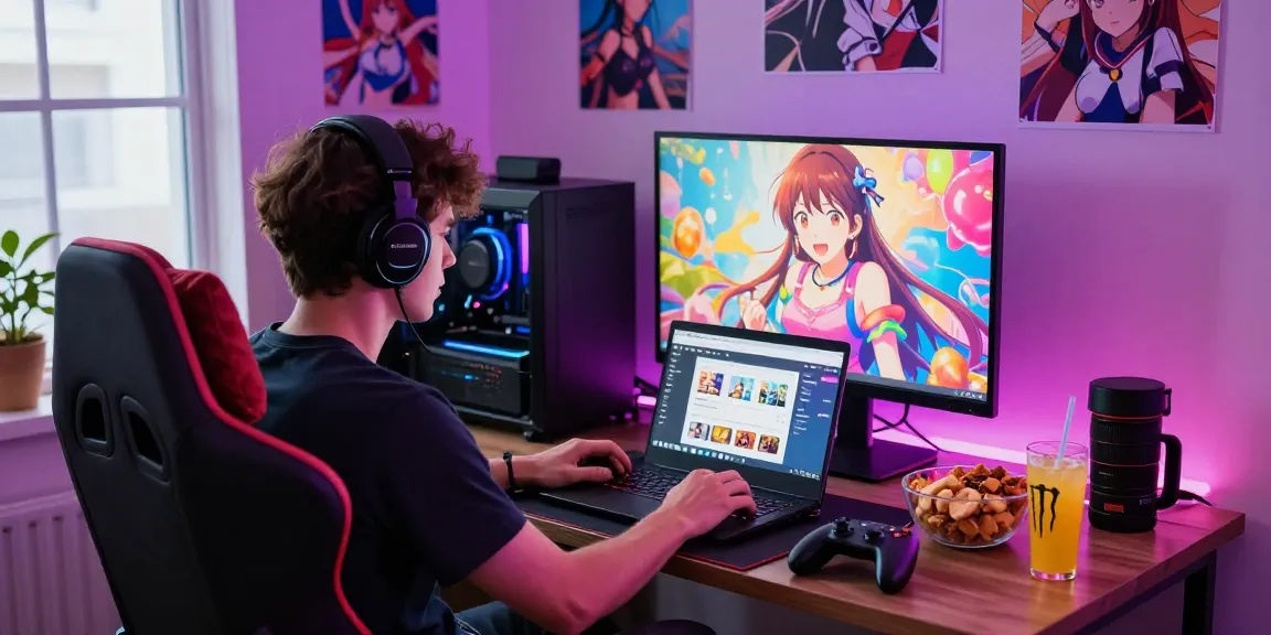 Engaged gamer playing hentai games in cozy setup with colorful lighting.