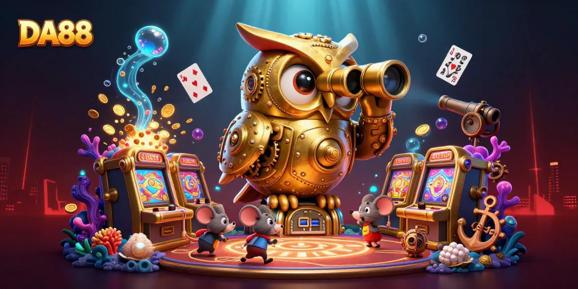 DA88 showcases an immersive casino scene with a golden owl and lively mouse patrons amid colorful gaming elements.