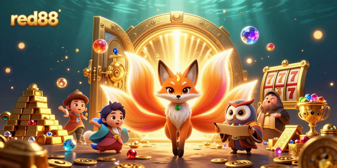 Spinning slot reels with the glowing nine-tailed fox at red88's vibrant casino scene, showcasing dynamic treasures.