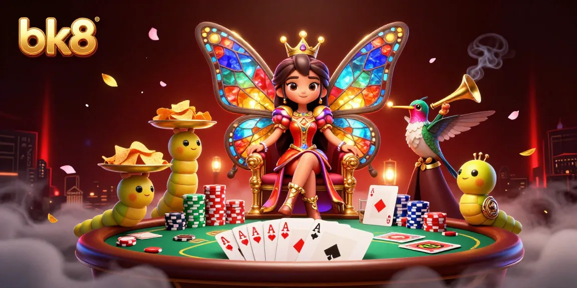 Immerse yourself in bk8's vibrant casino adventure featuring a butterfly queen and poker elements.