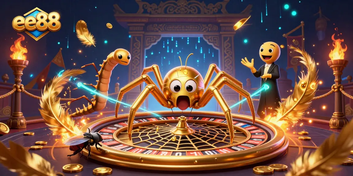 Engage with ee88's casino experience as a fly nervously bets beside a golden spider spinning a roulette wheel.