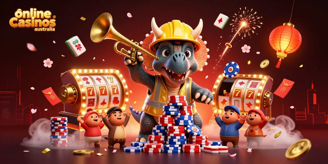 Celebrate with a lively illustration representing online casinos Australia featuring dynamic 3D casino elements.
